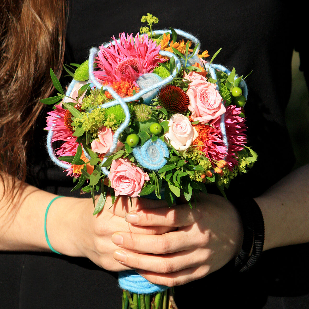 Bridal Bouquet Handtied with blue and pink colors.